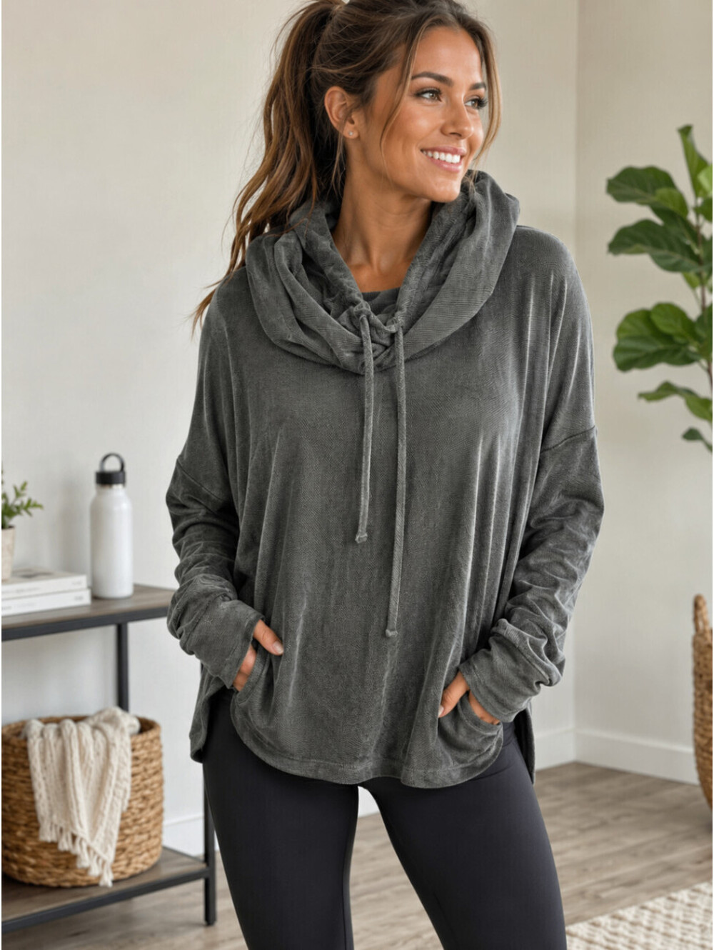 Xersion Womens XL Activewear Cowl Neck Hoodie Sweatshirt Dark Gray Pullover